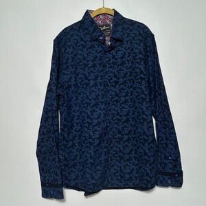 DaVinci Mens Long Sleeve Button Down Shirt Blue Camo Print Floral Flip Cuff Sz L